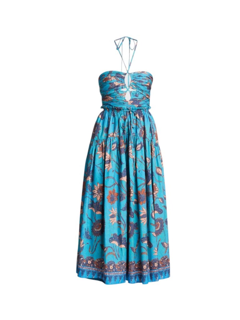 Ulla Johnson Ella Midi Dress Womens 6 Blue Lagoon Floral Halter Neck Cotton Boho
